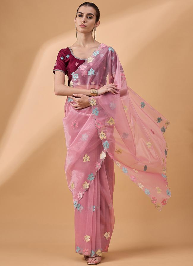 Net Pink Party Wear Embroidery Work Saree